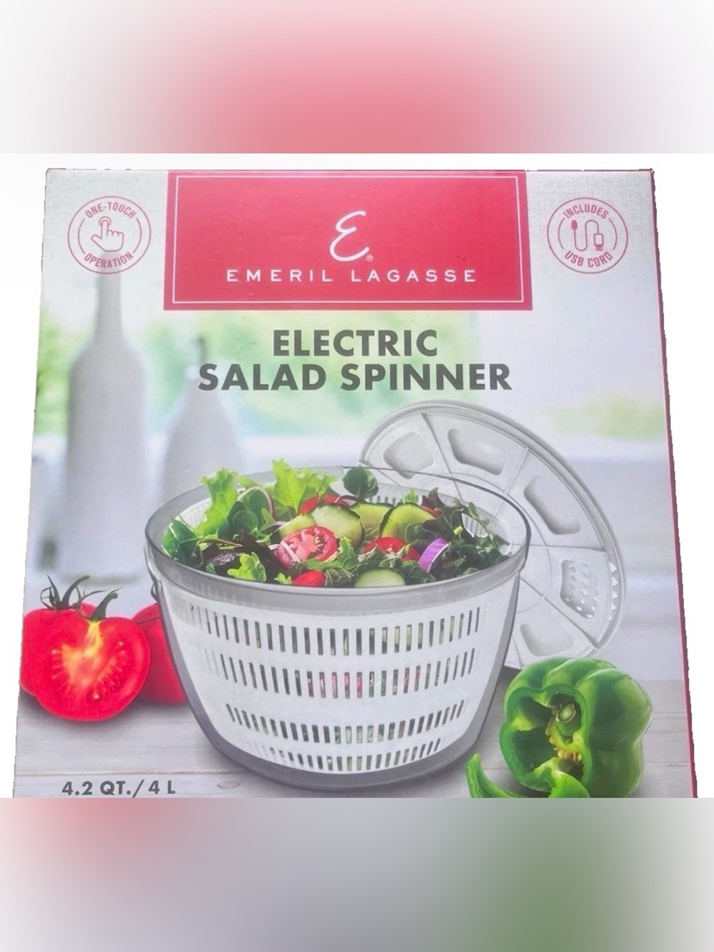 Emeril Lagasse Electric Salad Spinner 4.2 Qt USB Rechargeable One Touch New
